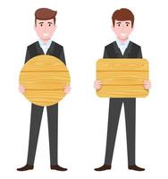 Young beautiful businessman a characters wearing business outfit standing and holding blank different shape wooden placard vector