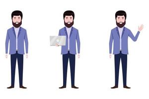 Young beautiful businessman a character wearing business outfit standing with laptop and waving vector
