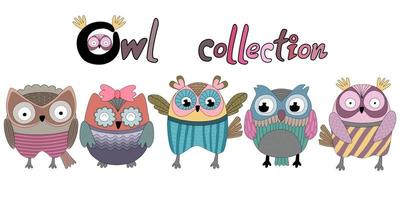 A collection of colorful owls doodle style designs vector