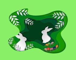 día de pascua con conejo y huevo de colores en el fondo de la escena de arte de papel verde vector