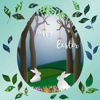 Easter eggs with rabbits on green grass in the forest nature landscape paper art scene background vector