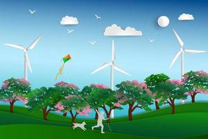 Back to nature and save the environment concept happy child playing kite in the meadow with dog paper art design vector