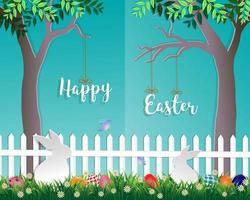 Easter day with white rabbits colorful eggs little daisy and butterfly in the garden on blue background paper art and digital craft style vector