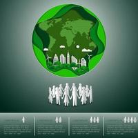 concepto del día mundial del medio ambiente artesanía en papel mapa de la tierra forma con la ciudad sobre fondo verde vector