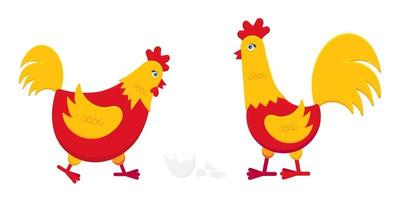 Yellow and red chicken with broken egg and a rooster cock flat style design vector illustration