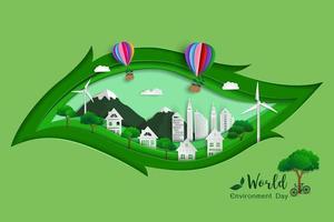 Concept of green eco friendly save the world and environment paper art design with leaf shape background vector