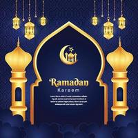 Hermoso fondo realista de ramadan kareem negro y dorado con linternas vector