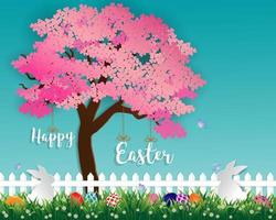 Easter eggs on green grass in the garden with white rabbits little daisy and butterfly under sakura tree on soft blue background vector