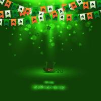 Light with blurred bokeh on dark green background for St Patrick Day design with leprechaun hat bunting clovers and place for your text vector