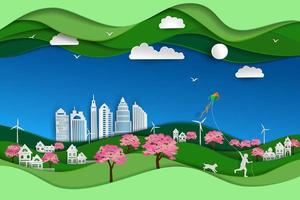 Concept of eco friendly and save the environment with green nature landscape paper art scene background happy child playing kite in the sakura park with dog vector