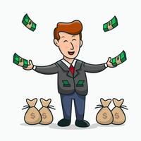 Happy Rich Man playing with his money cartoon Rich people cartoon vector