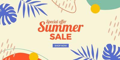 Summer sale offer discount promotion banner with leaves abstract memphis frame with white background vector