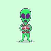 regalo de tenencia alienígena lindo personaje de mascota alienígena caricatura alienígena ilustración diseño plano estilo de dibujos animados vector