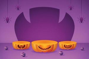 3d product display pumpkin podium with purple ball and spider vector