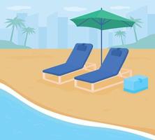 Folding chairs on sand beach flat color vector illustration