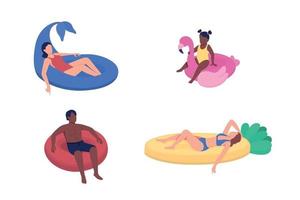 Youngsters in inflatable floats flat color vector faceless characters set