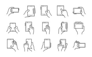 bundle of hands and smartphones set icons vector