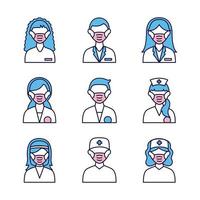 group of people and doctors wearing medical masks vector