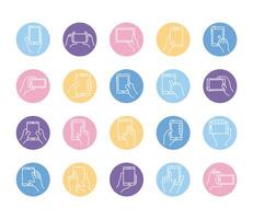 bundle of hands and smartphones set icons vector