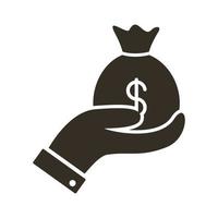 hand with money bag silhouette style icon vector
