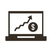 computadora portátil con icono de estilo de silueta de monedas y estadísticas vector