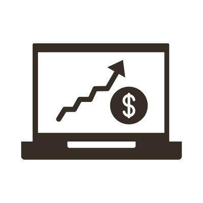 computer laptop with coin and statistics silhouette style icon