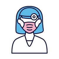 doctora con máscara médica y línea de linterna e ícono de estilo de relleno vector