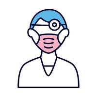 médico masculino con máscara médica y línea de linterna e ícono de estilo de relleno vector