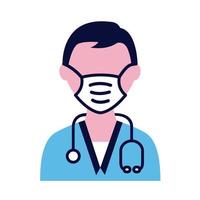 médico masculino con máscara médica con estetoscopio icono de estilo plano vector