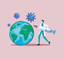 covid19 vaccine syringe with doctor and earth planet vector