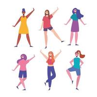 six happy young women characters vector