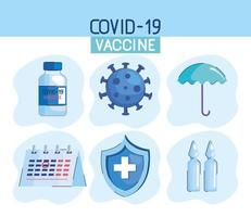 covid19 vaccine lettering with six icons vector