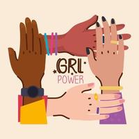 girl power lettering and diversity hands vector