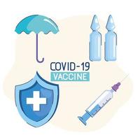 covid19 vaccine lettering with four icons vector