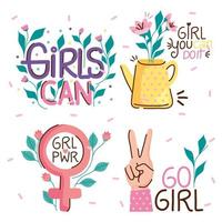 bundle of girl power elements and letterings vector