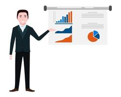 Businessman characters wearing business outfit standing with sales presentation board with graph chart  files and pointing isolated vector