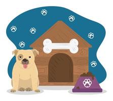 pet little dog house and bowl with food vector