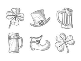 conjunto, feliz, día de san patricio, trébol, sombrero, cerveza, zapato, iconos, bosquejo vector