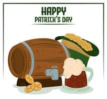 happy patricks day beer barrel mug hat with coins celebration card vector