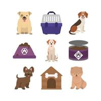 mascotas, perros, comida enlatada, tazón, jaula, y, casa, iconos vector