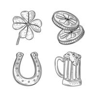 set happy st patricks day clover coins beer and horseshoe icons sketch vector