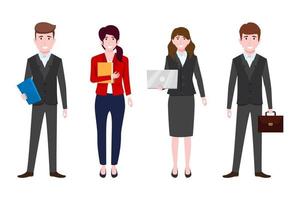 Equipo de personajes de empresario y empresaria vistiendo traje de negocios de pie con archivo de bolsa de portátiles vector