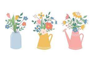 A set of cute beautiful flower bouquets in a jar jug and watering can Vector image in a flat style on a white background Floral decor for invitations postcards stickers