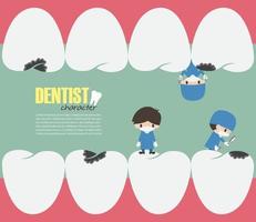 Los dentistas revisan sus dientes y buscan un diseño plano de vector de caries dental