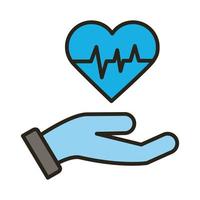 hand with medical heart cardiology pulse line and fill style icon vector