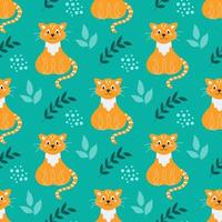 Cute orange cat with plants on a bright green background Vector seamless pattern in a flat cartoon style Decor for childrens posters postcards clothing and interior