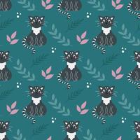 Cute grey cat with plants on a dark green background Vector seamless pattern Decor for childrens posters postcards clothing and interior