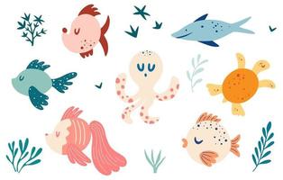 conjunto con peces varios tipos de peces tortuga pulpo animales marinos y plantas acuáticas concepto marítimo colección de criaturas submarinas criaturas marinas personaje de dibujos animados divertido ilustración vectorial vector