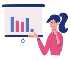 Financial analysis concept A pensive girl stands against the background of tables and graphs Work with statistics and business anatytics Woman thinks over the next move Flat Vector illustration