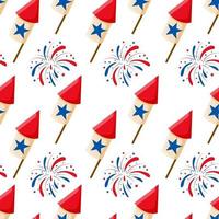 Estados Unidos cohete de fuegos artificiales y estrellas de fondo transparente para el diseño de las fiestas nacionales americanas el 4 de julio patrón de celebración vector